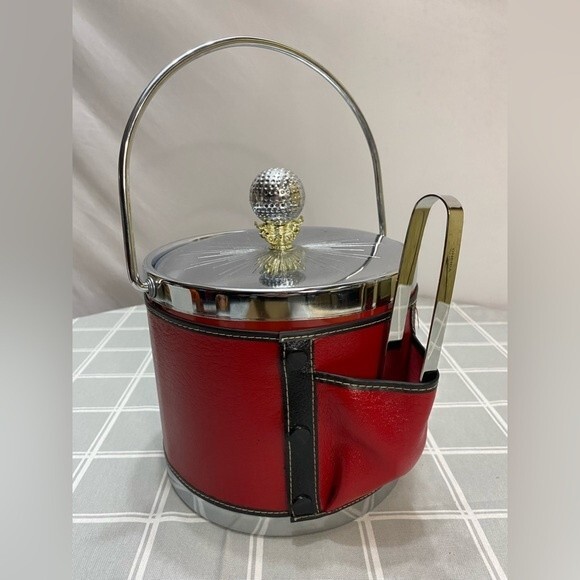 Vintage MCM Golf Theme Ice Bucket Silver Red Black Ice Tongs Golf Tee - Picture 4 of 9